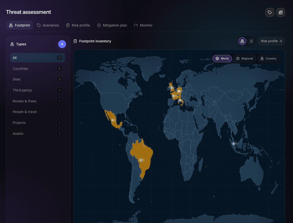 Opsidian operating footprint inventory with sites, routes, third parties, and exposure